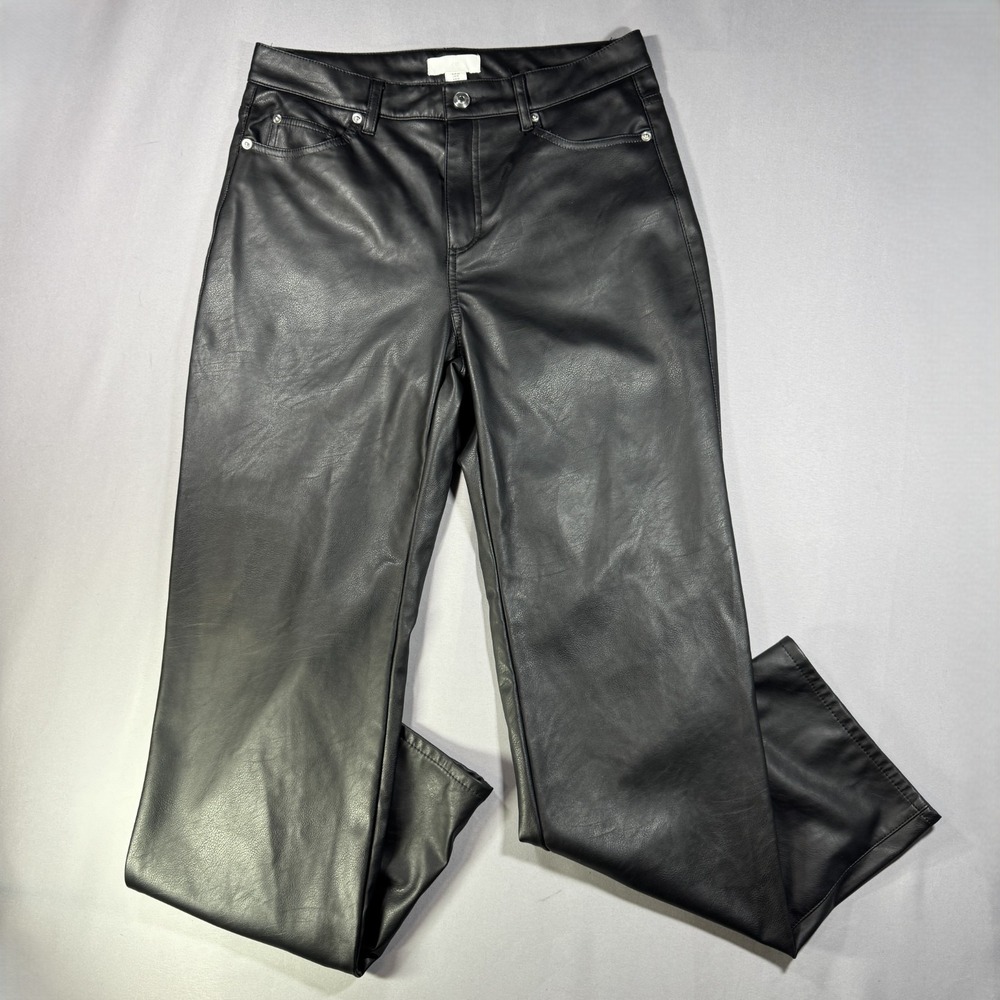 H&M Faux Leather Pants Women 10 Black Straight Leg Mid Rise Dancing Night Club